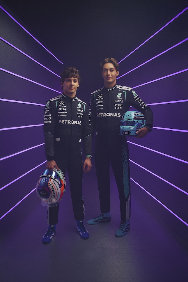 Mercedes AMG Petronas drivers with Nu logo